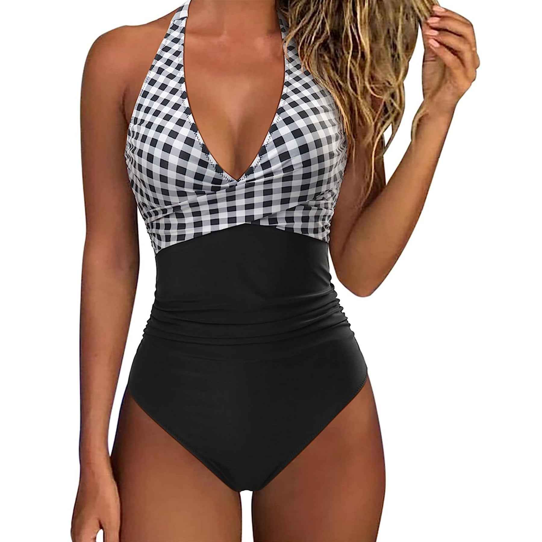 Halter One Piece Swimsuit - Twist Front Ruched Tummy Control Deep V