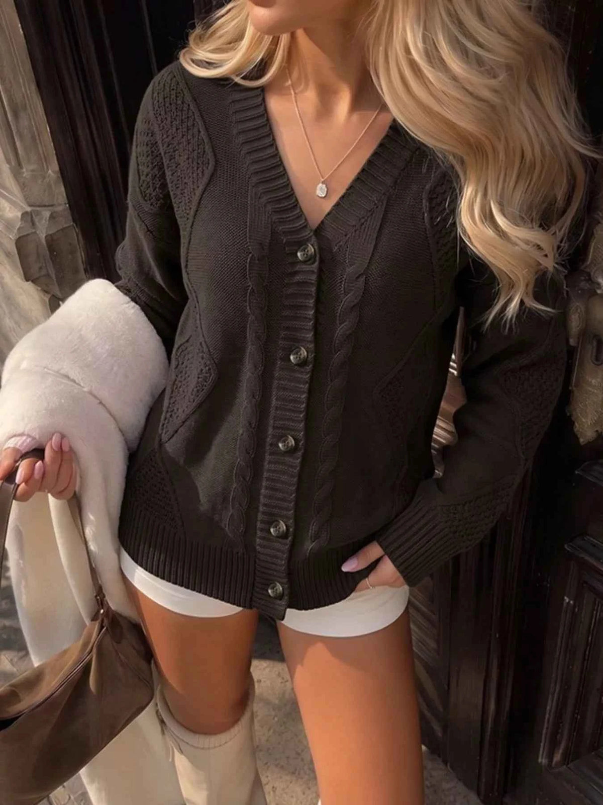 Cable Knit V-Neck Cardigan - Buttons & Ribbed Edges