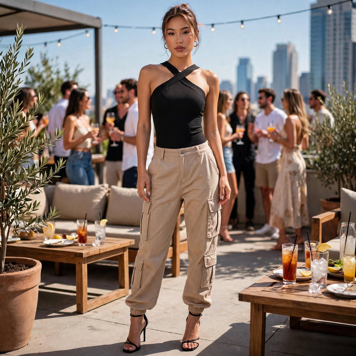 Crossover Halter Bodysuit - Ribbed Texture and Square Back