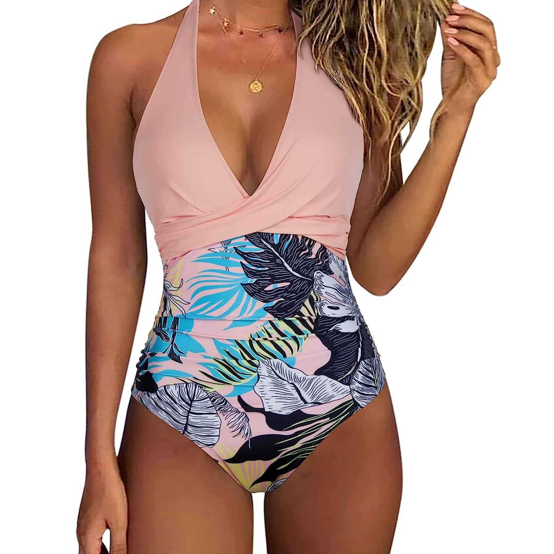 Halter One Piece Swimsuit - Twist Front Ruched Tummy Control Deep V