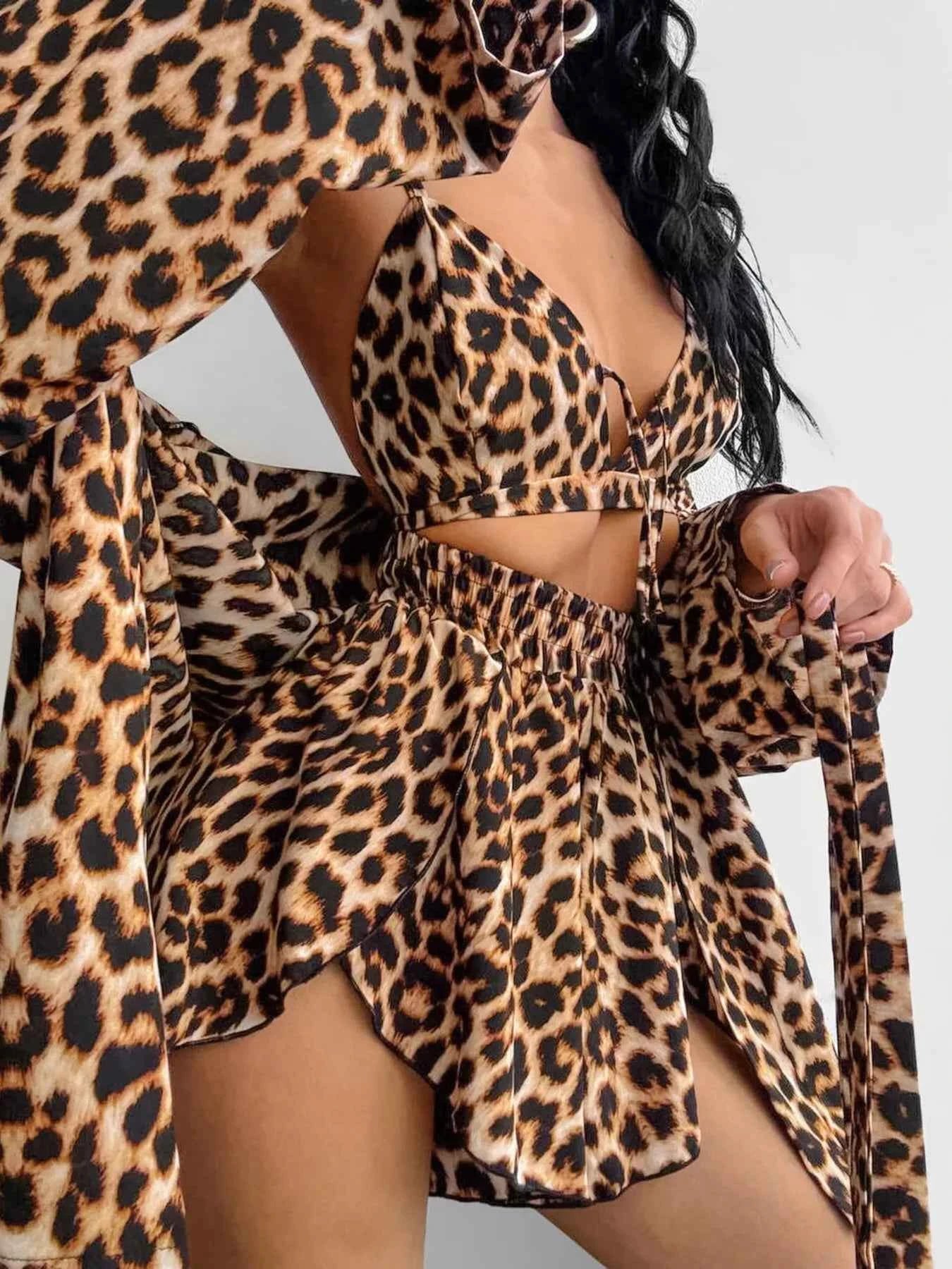 Leopard Print Lounge Set - Cami Crop Top Cardigan & Shorts