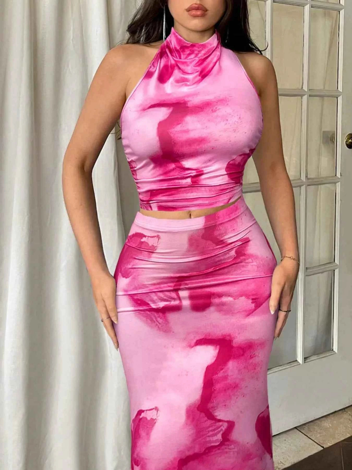 Halter Crop Top & Mermaid Maxi Skirt Set - Abstract Print