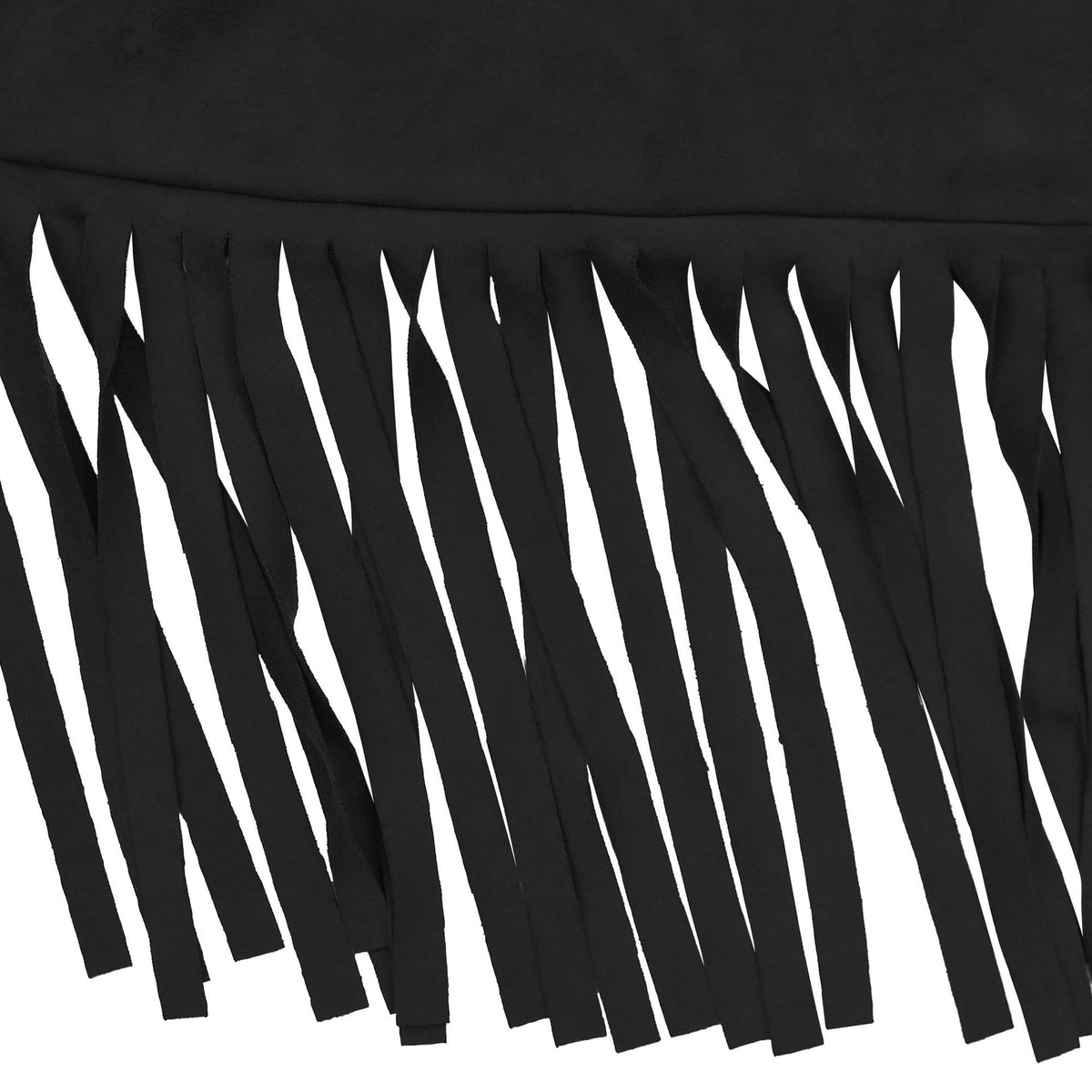 Black fringe trim at wide-leg hem with dangling tassels