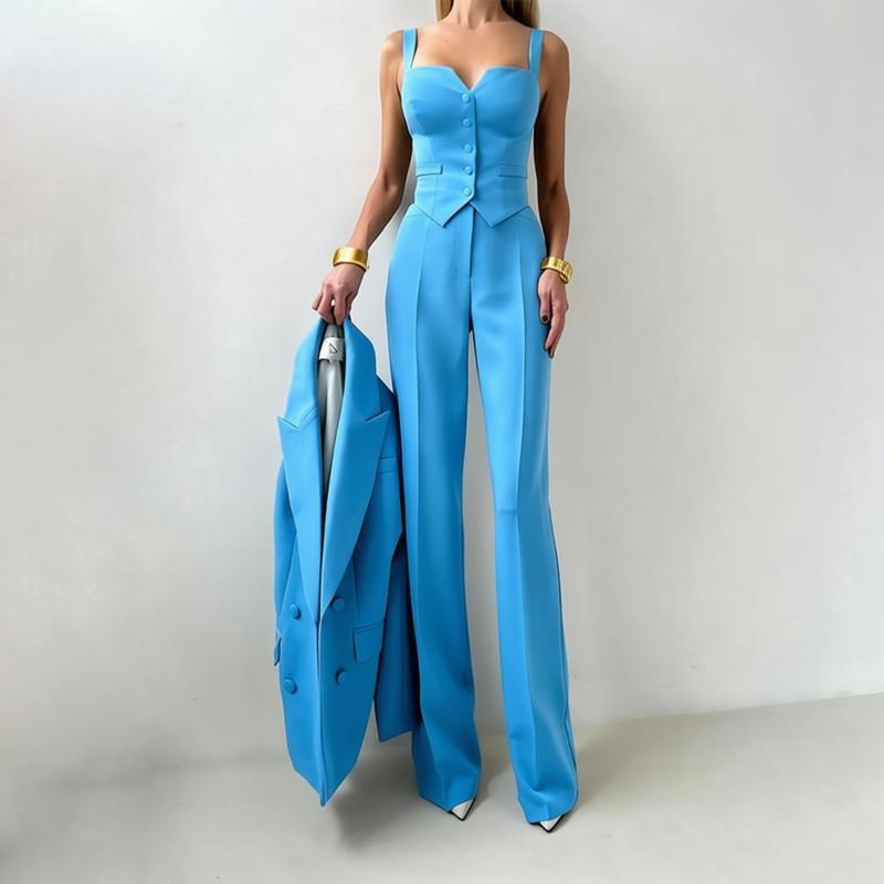 Three-piece suit set in bright blue: button-front sleeveless vest and wide-leg pants