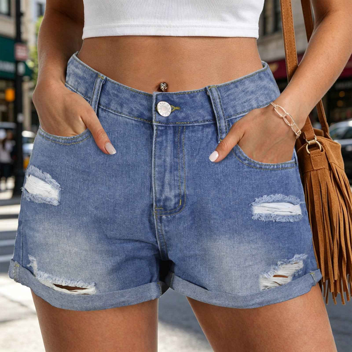 Light Wash Denim Shorts - Rise and Thrive Floral Pocket Print
