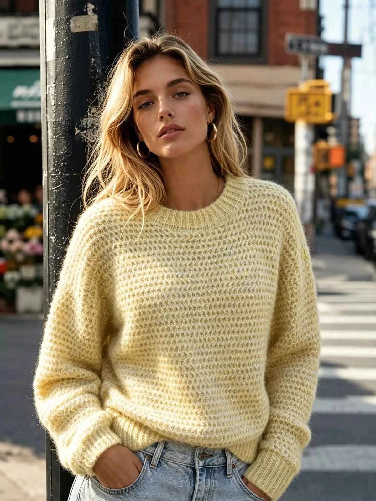 Textured Crewneck Sweater - Drop Shoulders & Ribbed Trim