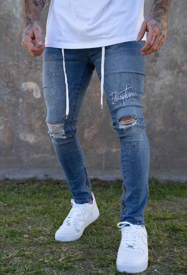 Paint Splatter Ripped Skinny Jeans Men - Script Ankle Zip