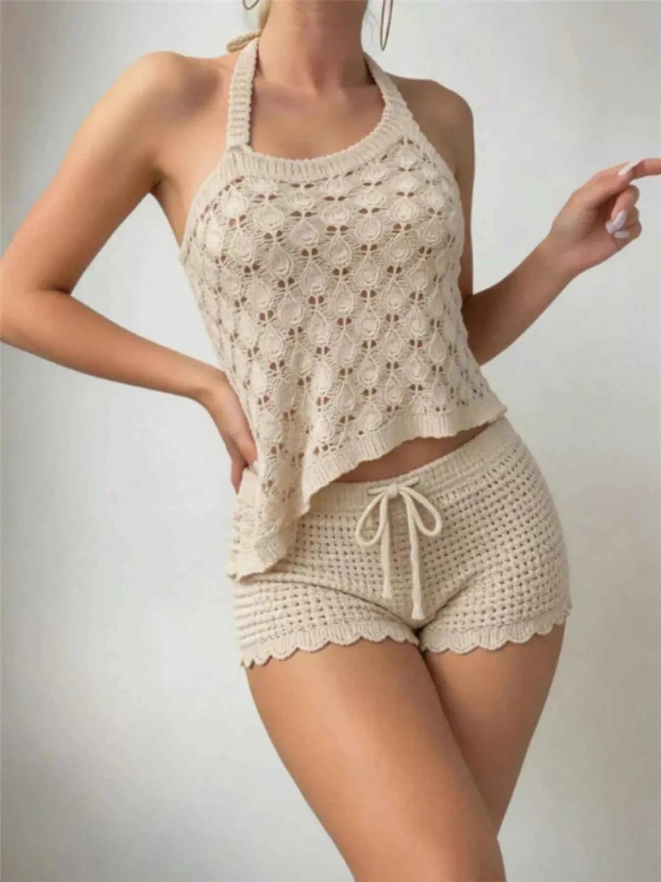 Apricot Crochet Halter Set - Tie-Back Top and Scalloped Shorts