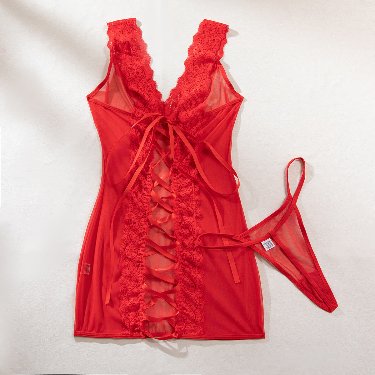 Red mesh chemise with lace V neckline and lace-up back tie detail