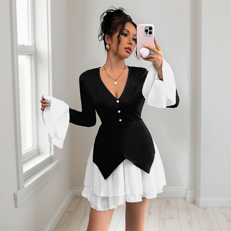 Elegant Color Block Long Sleeve Pleated Ruffle Trim Mini Dress