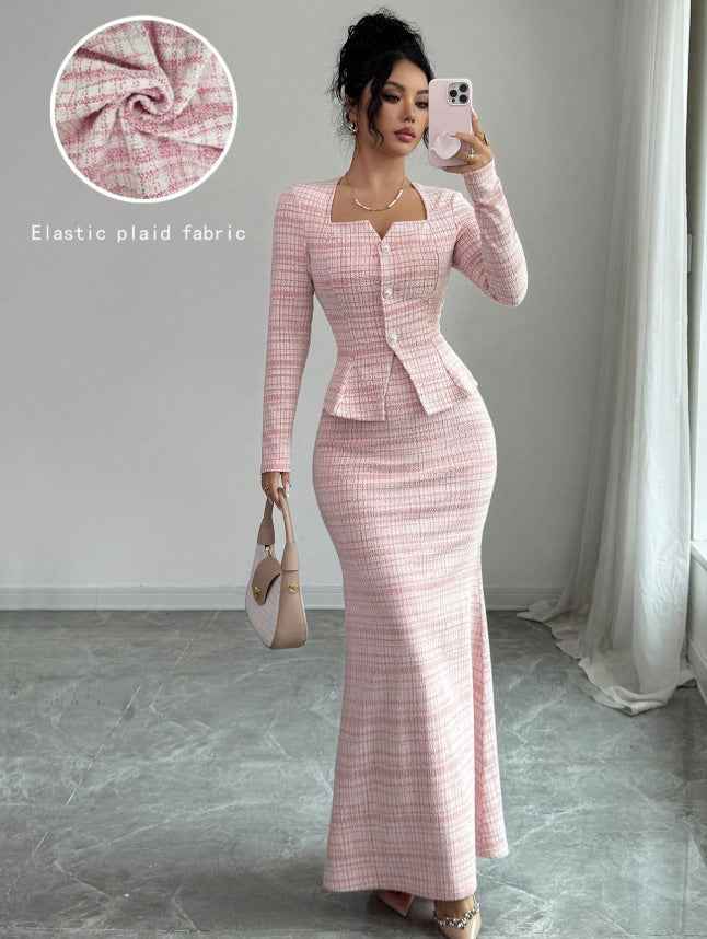 Pink Plaid Maxi Skirt Set - Peplum Top and Flared Hem