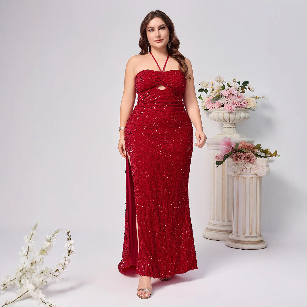 Red Sequin Plus Size Gown - Halter Slit Evening Dress