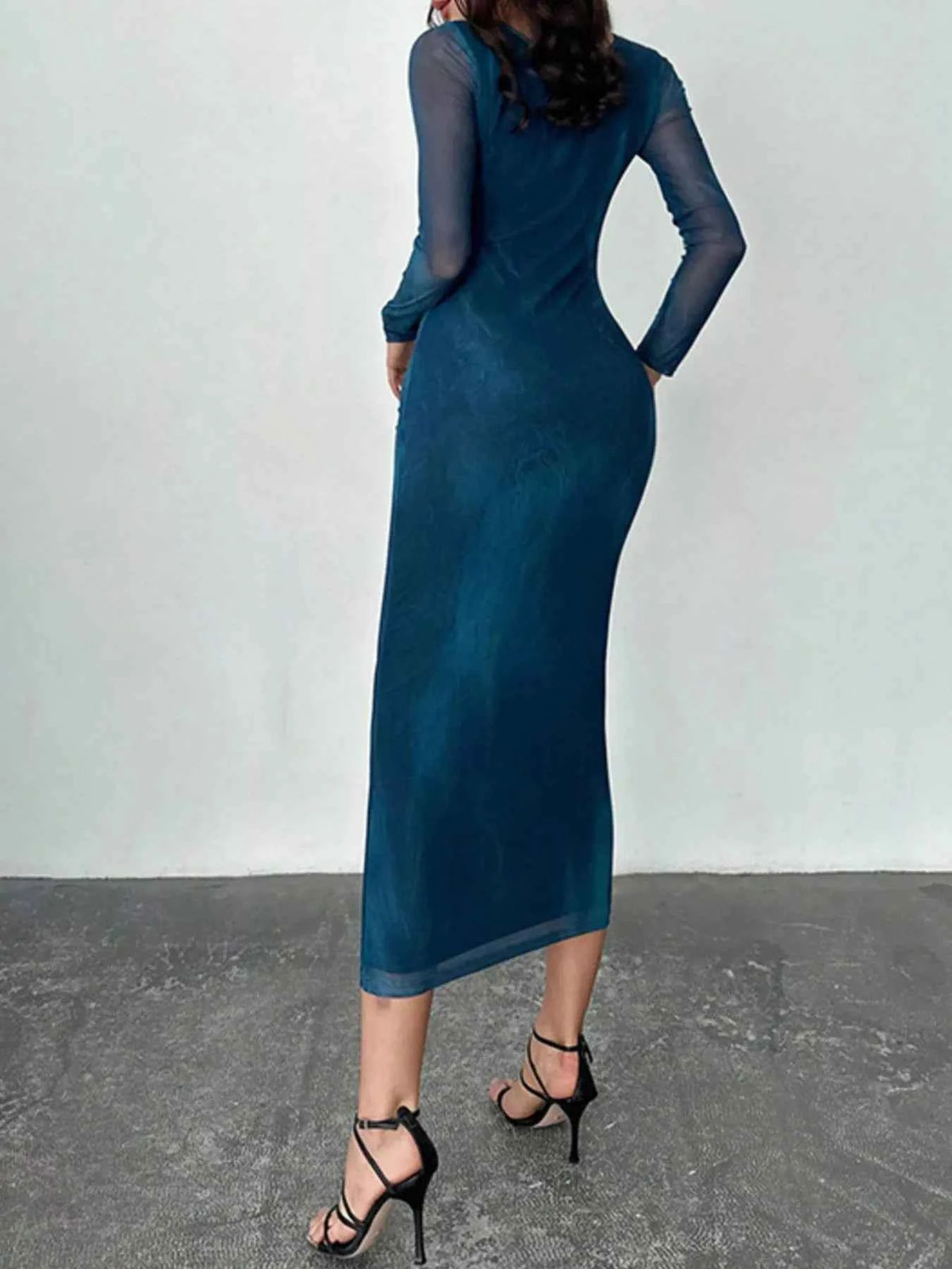 Tie-Dye Print Bodycon Maxi Dress - Ruched Sheer Mesh Long Sleeve