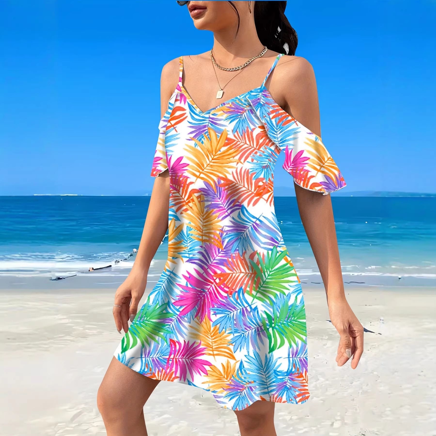 Summer Tropical Print Mini Dress - Halter Off-Shoulder