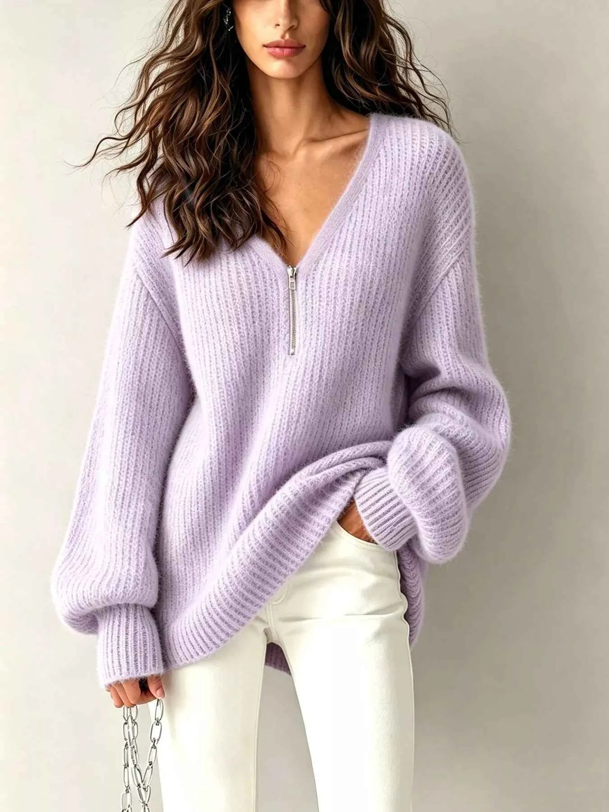 Quarter Zip Knit Sweater - Dropped Shoulders and Ribbed Cuffs