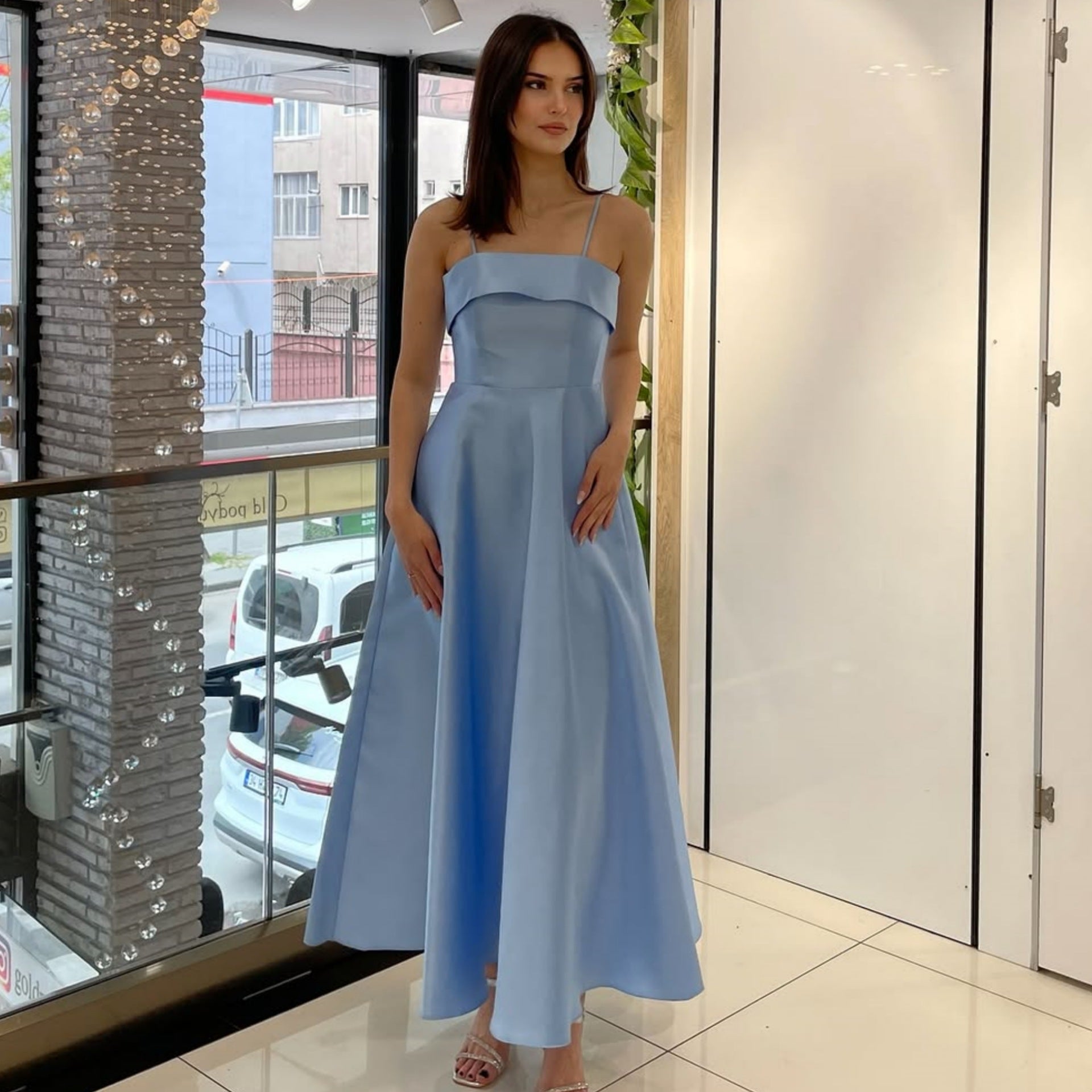 Satin Suspender Dress - Sleeveless Evening Gown - Fashions Envy