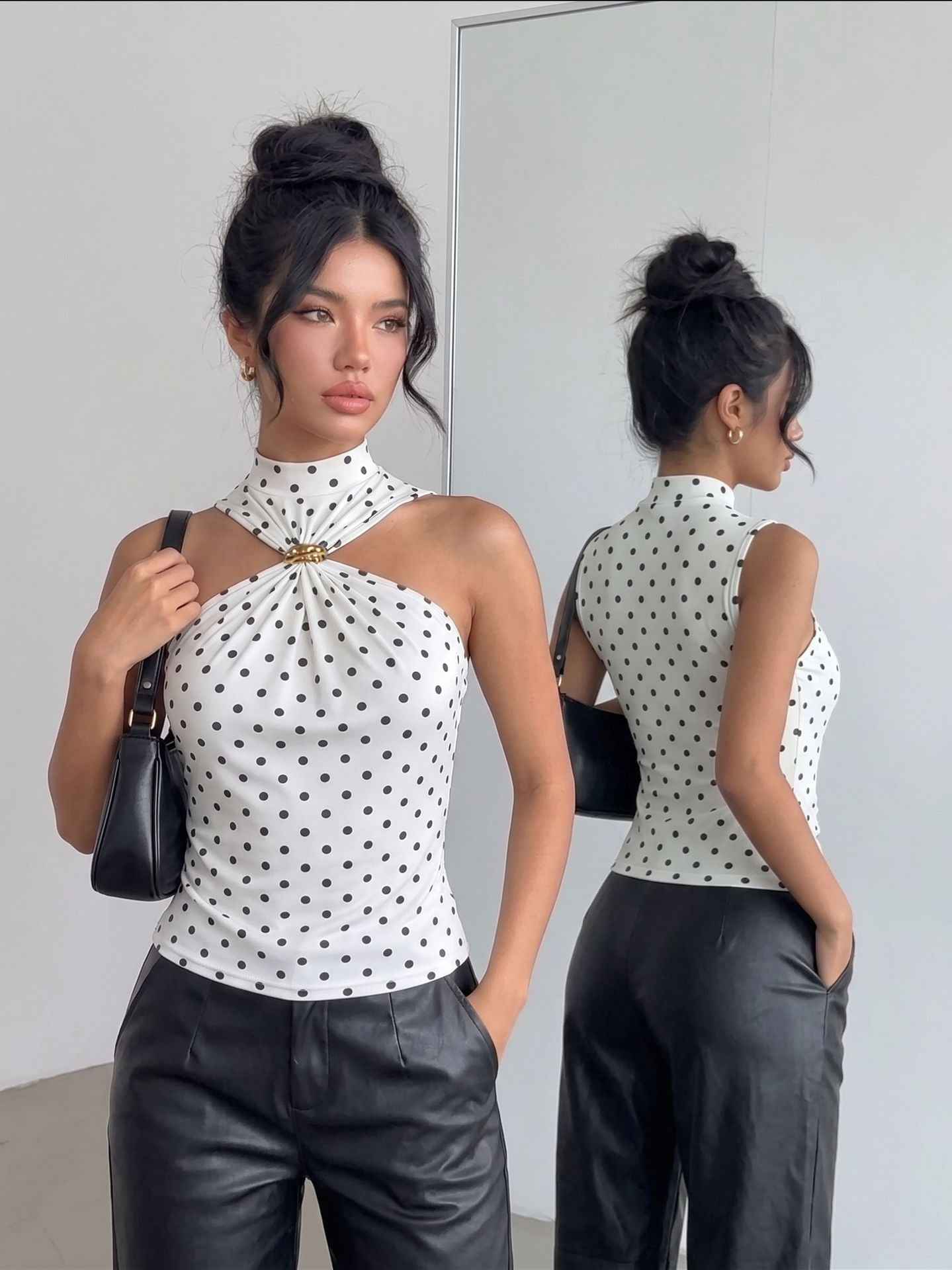 White Polka Dot Halter Top - Mock Neck Gold Brooch