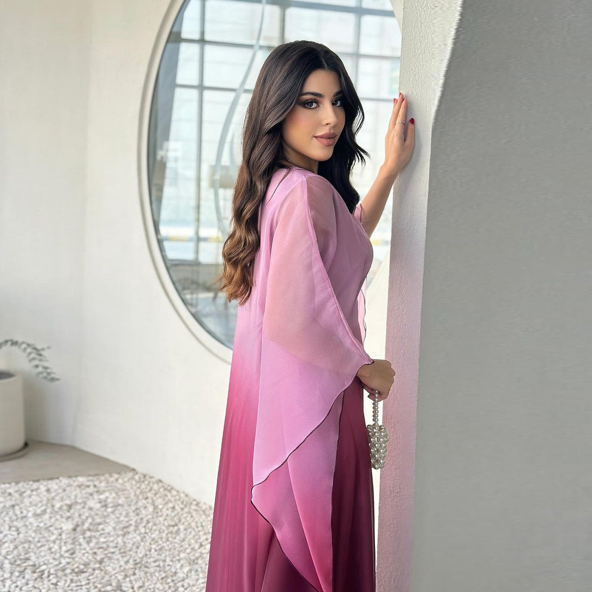Ombre satin maxi dress with sheer draped batwing sleeves, pink-purple ombre