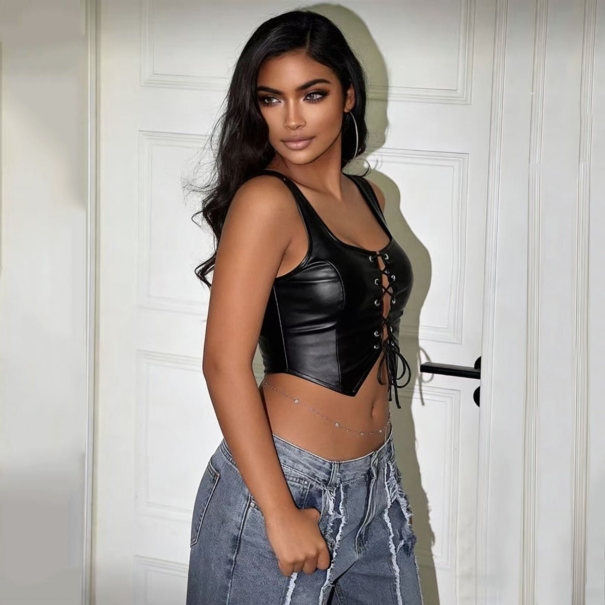 Black Leather Crop Vest - PU Strap Top Party Style