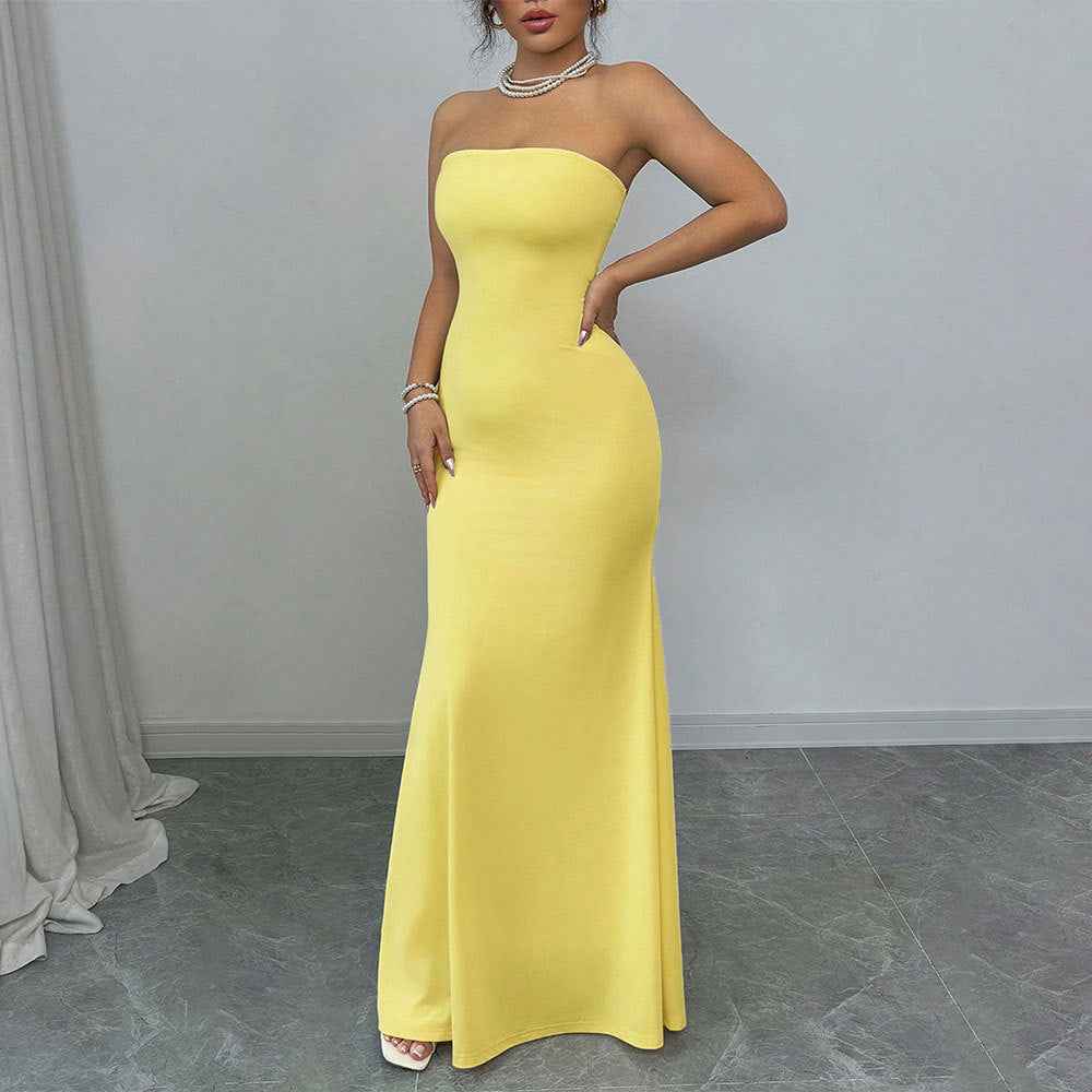 Yellow Strapless Maxi Dress - Lace Up Corset Back