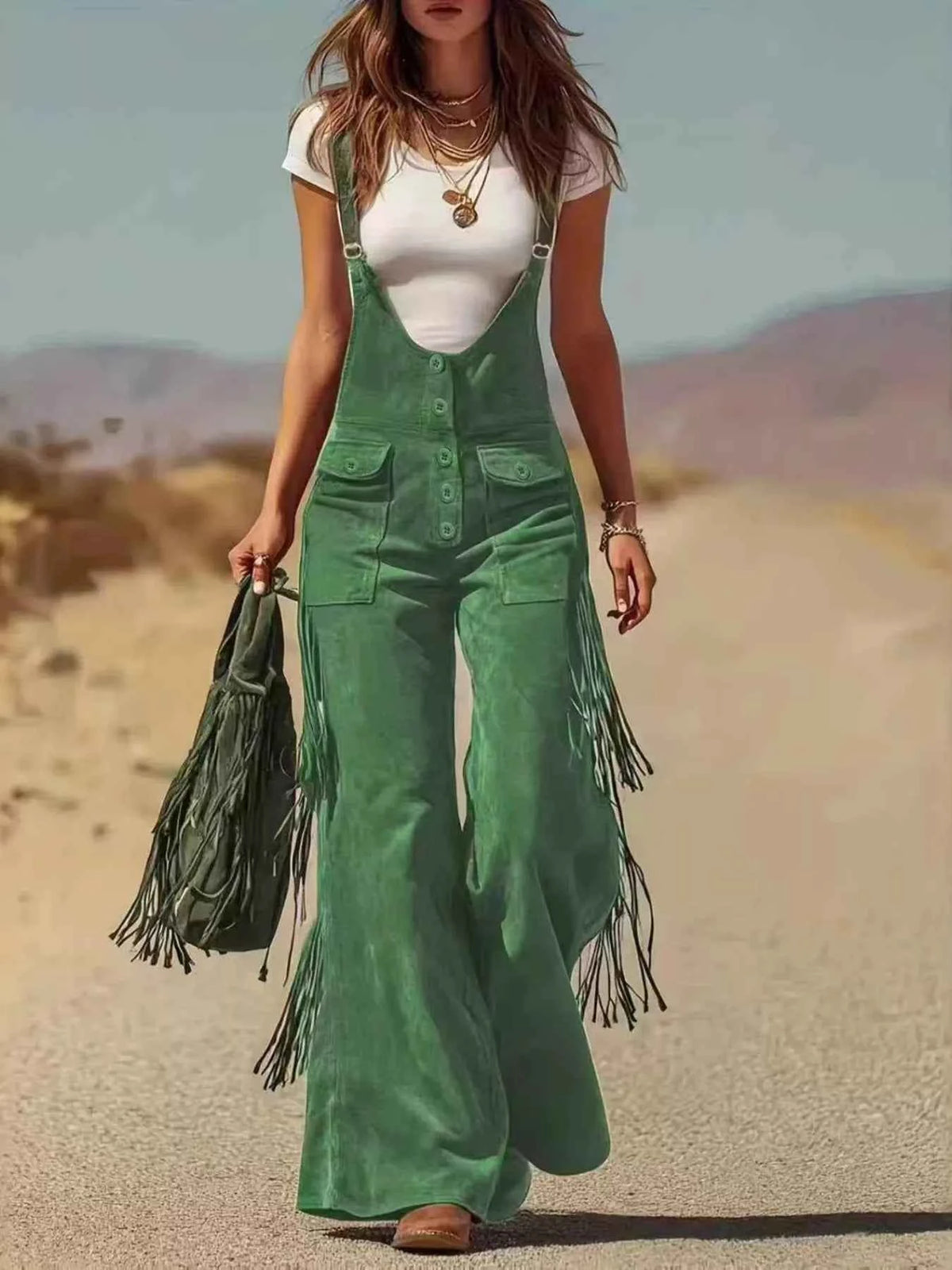 Fringe Flare Leg Overalls - Button Front Suede Texture Bib