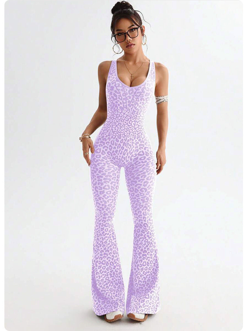 Cross-Back Flared Yoga Jumpsuit - Open Back and Scoop Neck
