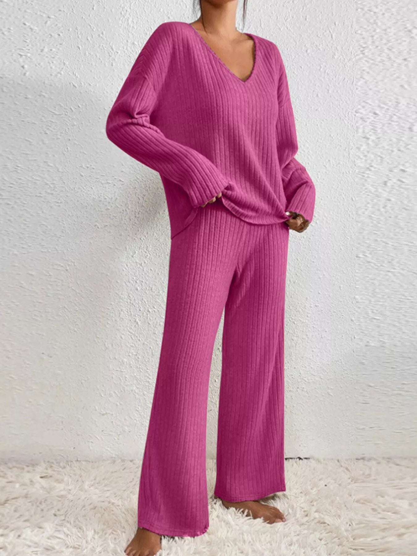 Ribbed Loungewear Set - V-Neck Top Wide-Leg Pants - Fashions Envy