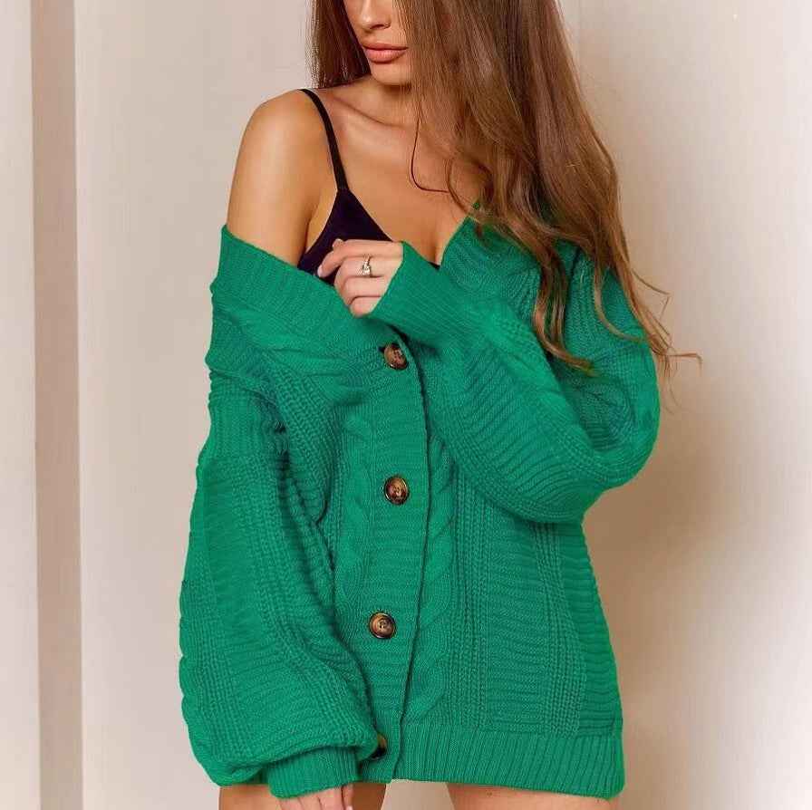 Cable Knit Cardigan - V-Neck Lantern Sleeve Button Front