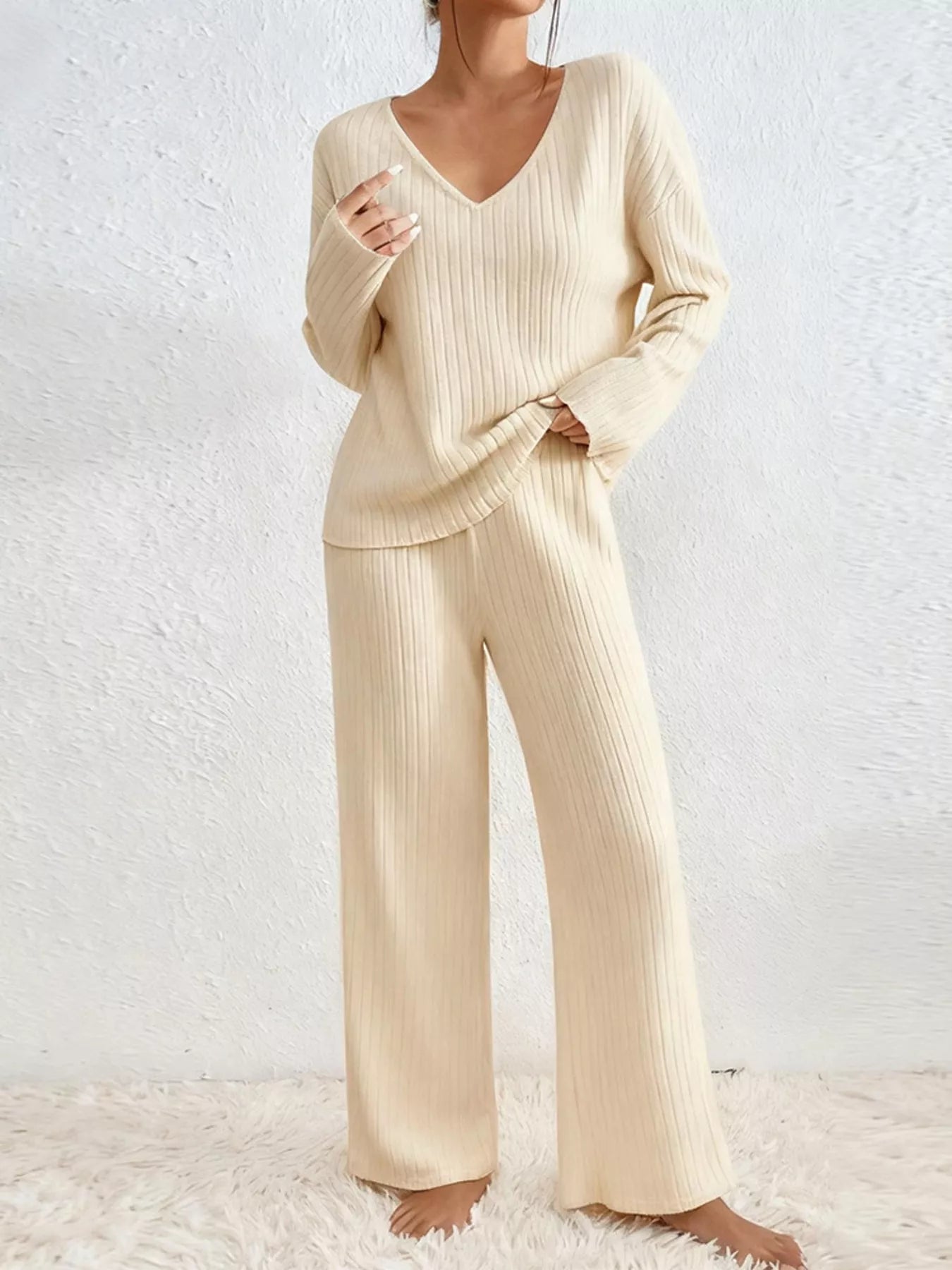 Ribbed Loungewear Set - V-Neck Top Wide-Leg Pants - Fashions Envy