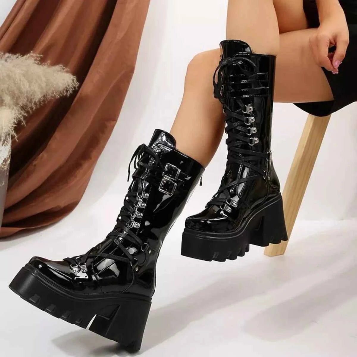 Black Lace-Up Platform Boots - Block Heel Buckle Knee-High Combat