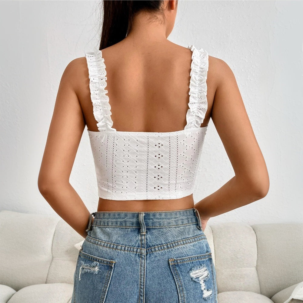 White Tied Summer Cami Top - Ruffle Edge Halter