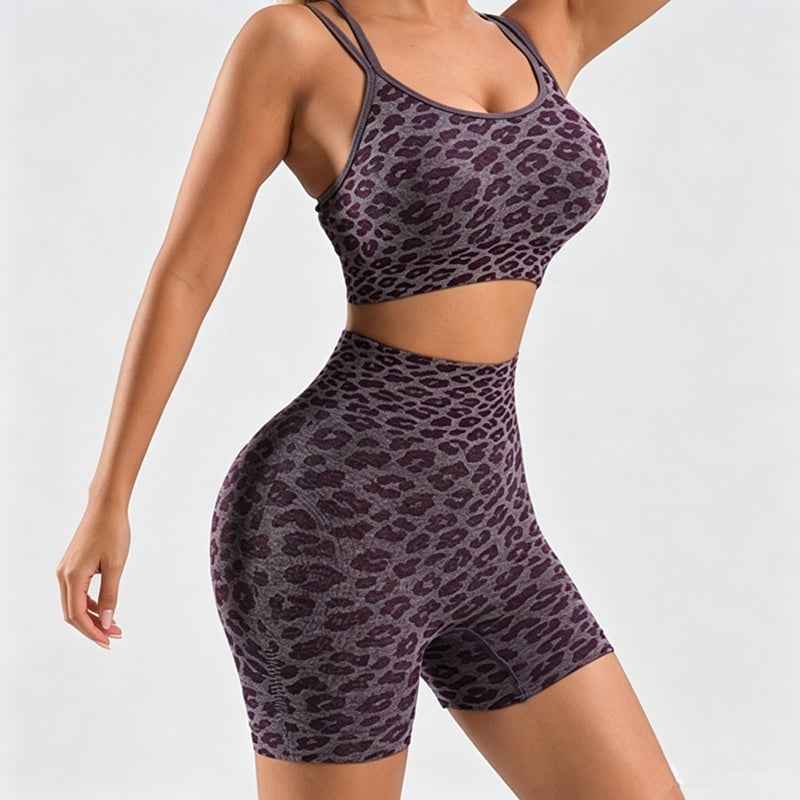 Women's Leopard Print Workout Sets 2 Piece Outfits Crop Tank Tops And Shorts Sports Yoga Gym Tracksuit