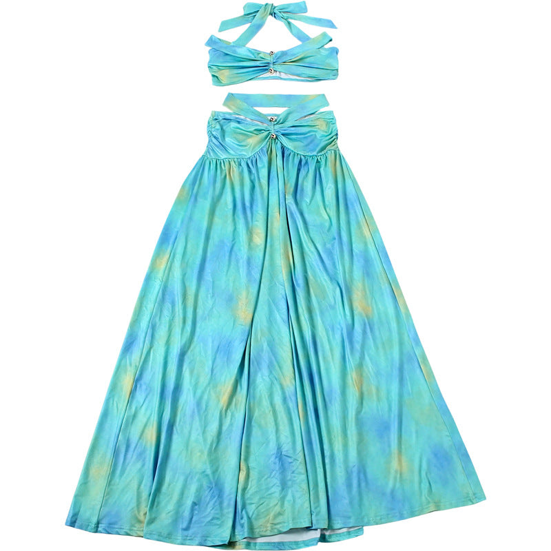 Light blue gradient off-shoulder top with bow and flowing maxi skirt