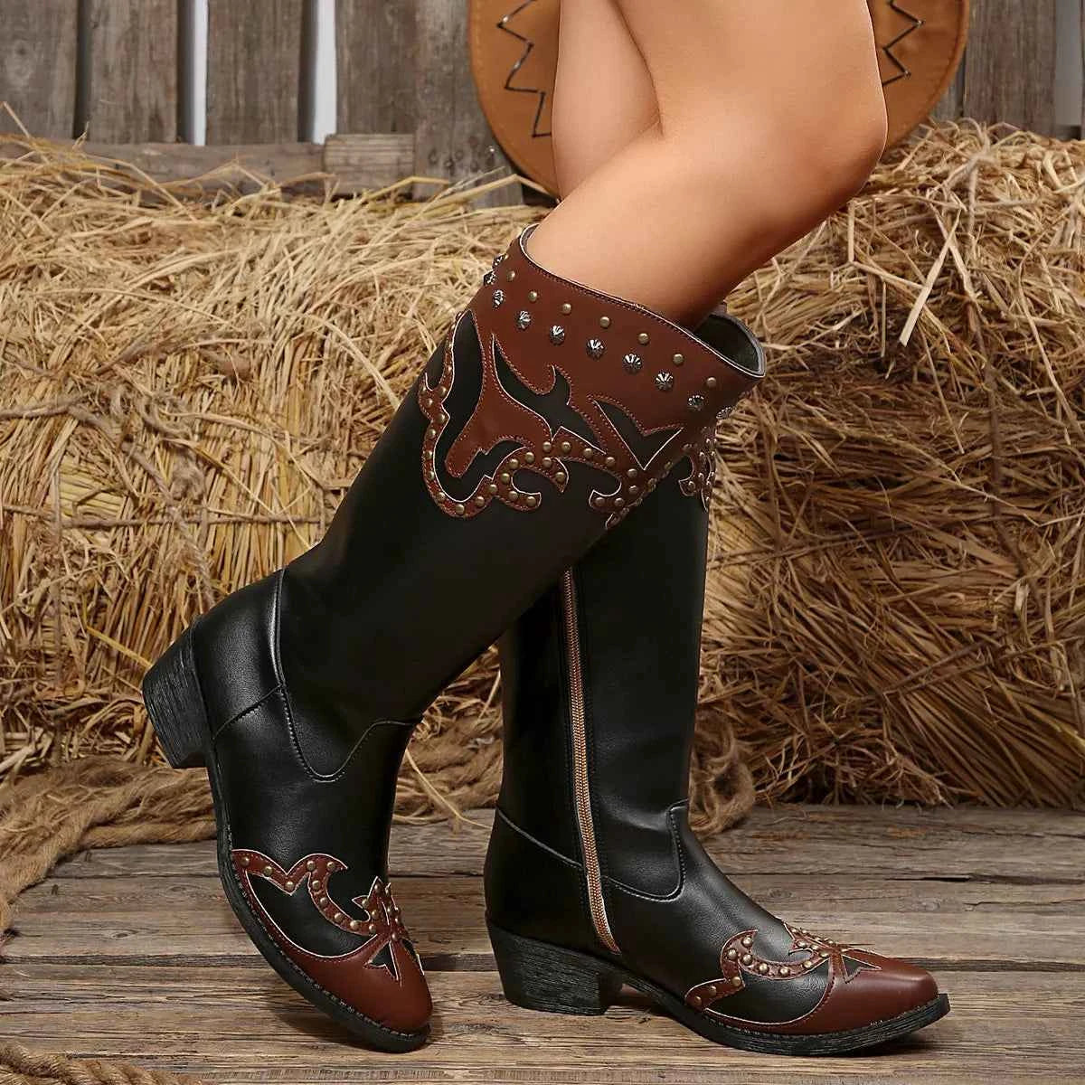 Point Toe Block Heel Western Cowgirl Boots - Studded Rivet Two-Tone