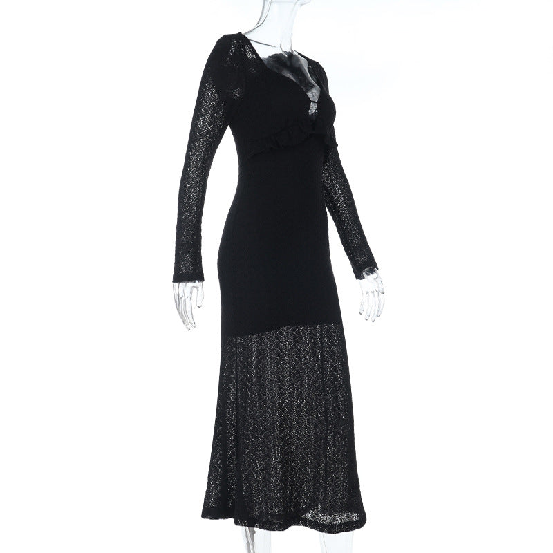 Ribbed Evening Gown - Long Sleeve V-Neck Bodycon Dress - Fashions Envy