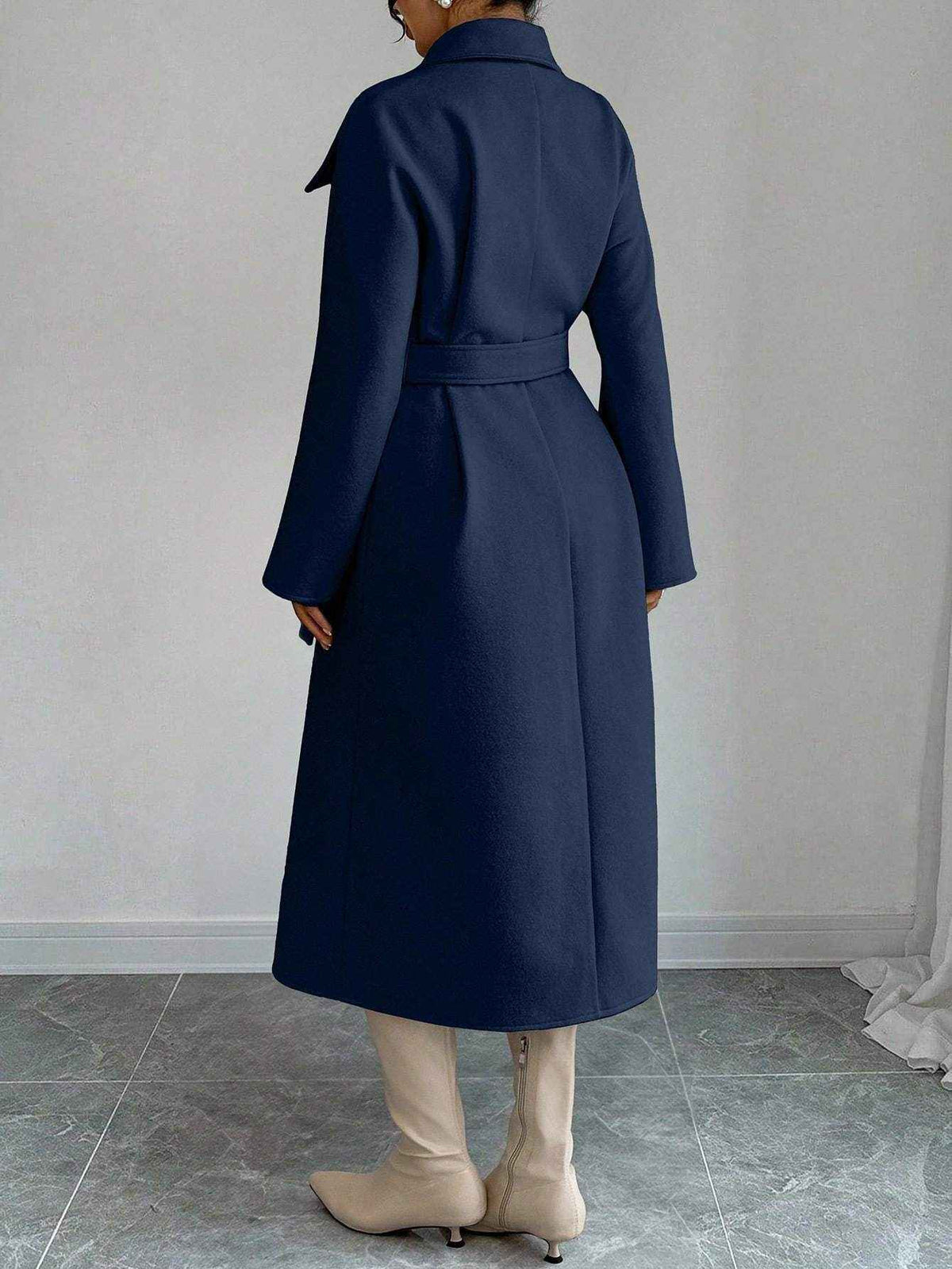 Double-Breasted Long Coat - Waist Tie & Wide Lapels