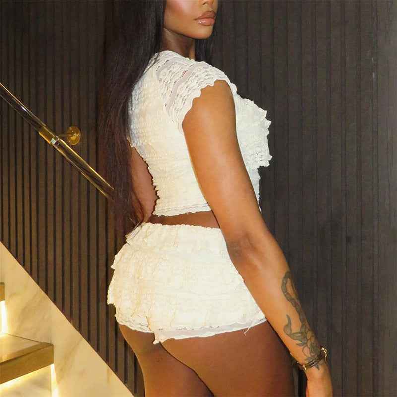 Cutout Crop Top Shorts Set - Midriff Slim Fit Two Piece