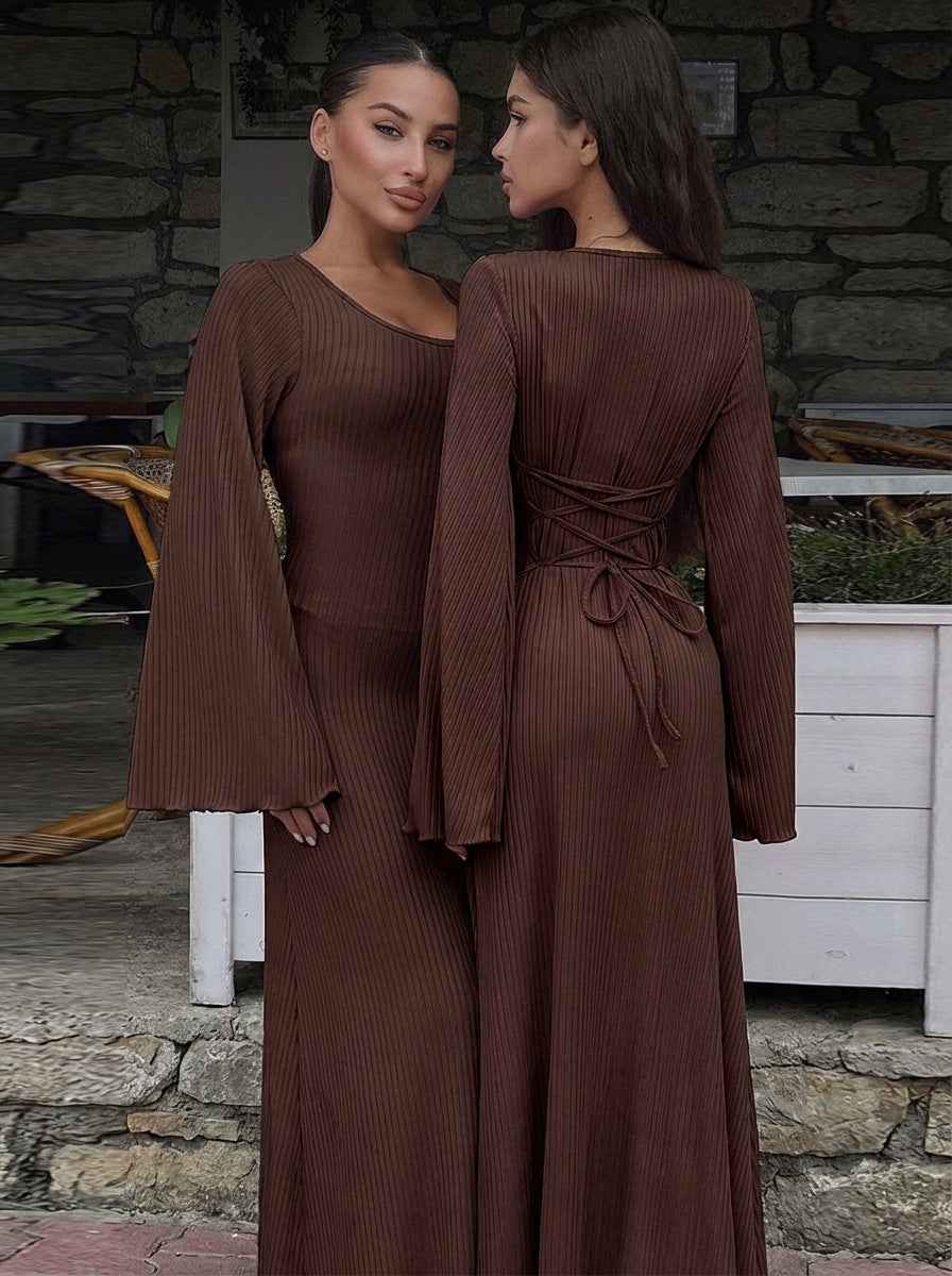 Long-Sleeve Ribbed Maxi Dress - Lace-Up Back Detail