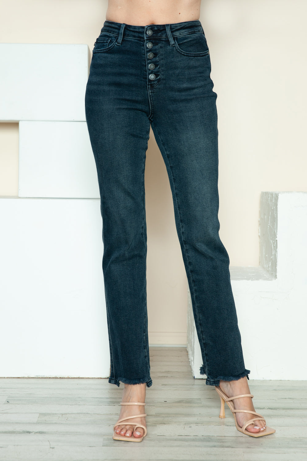 Judy Blue Full Size Button Fly Hem Destroy Straight Jeans - Fashions Envy