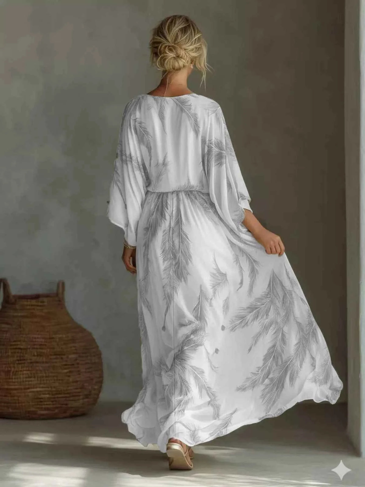Feather Print Tie Front Maxi Dress - Flowing Sleeve Detail