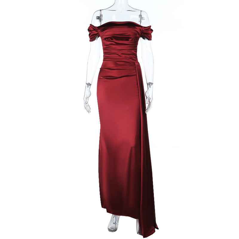 Satin Maxi Dress - Deep Red Off Shoulder High Slit