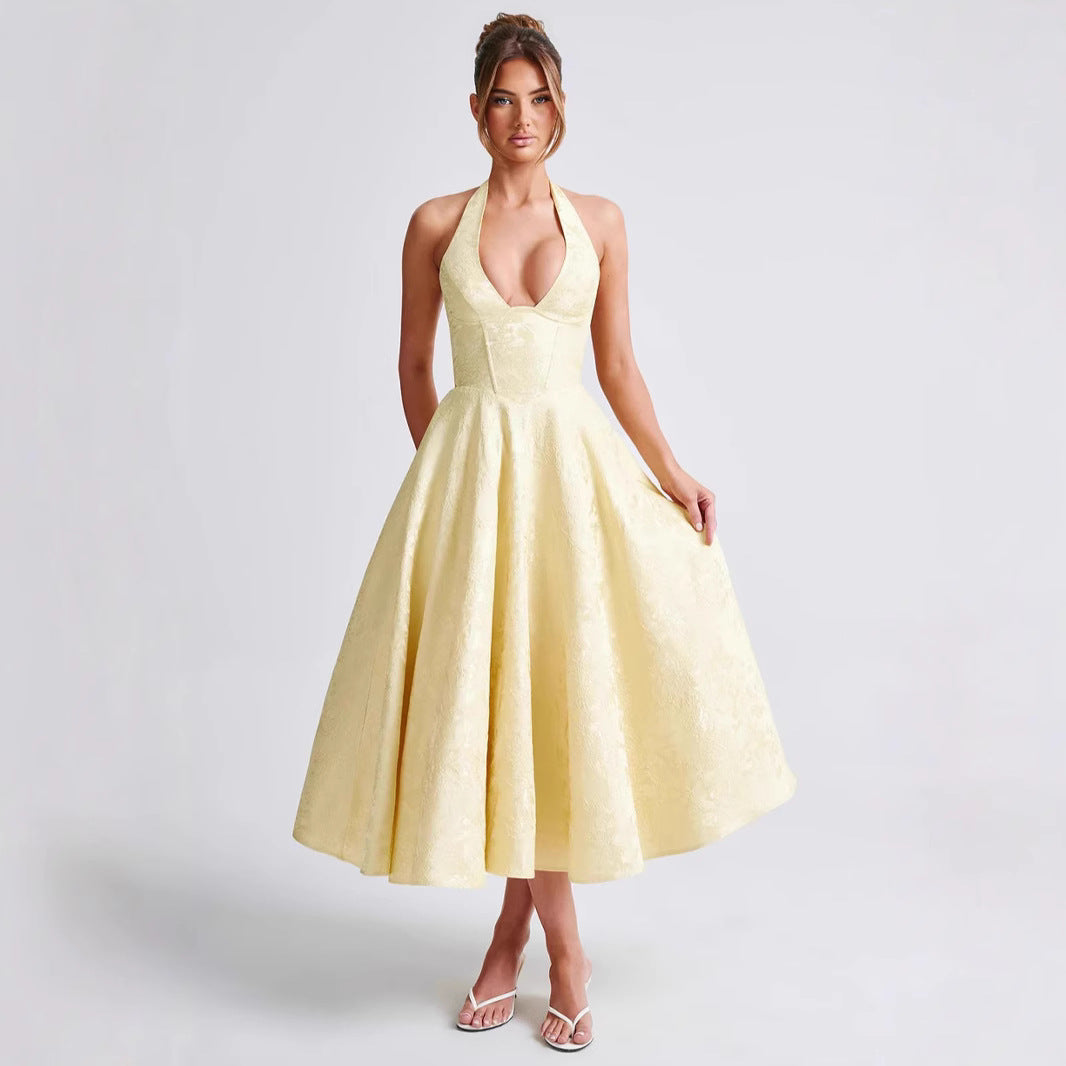 Jacquard Halter Midi Dress - Deep V Corset Waist A-Line Skirt