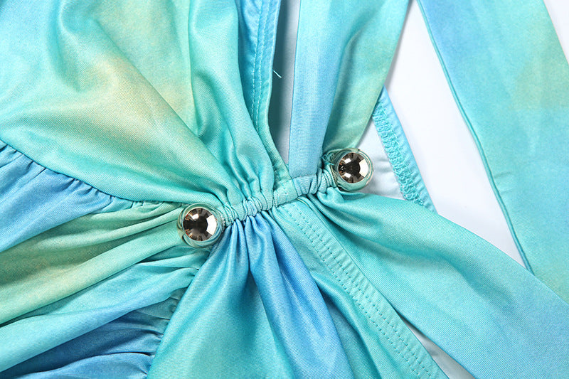 Turquoise ruched off-shoulder bodice detail with metal ring ties