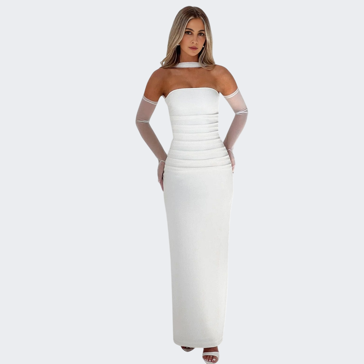 Halter Neck Strapless Maxi Dress - Open Back Mesh Glove Column Gown