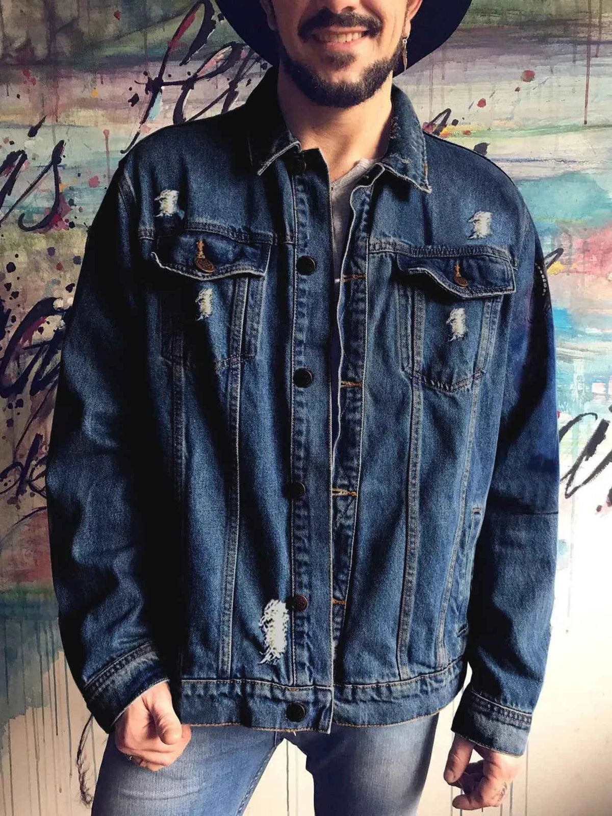Skull Graphic Distressed Denim Jacket - Washed Button-Up