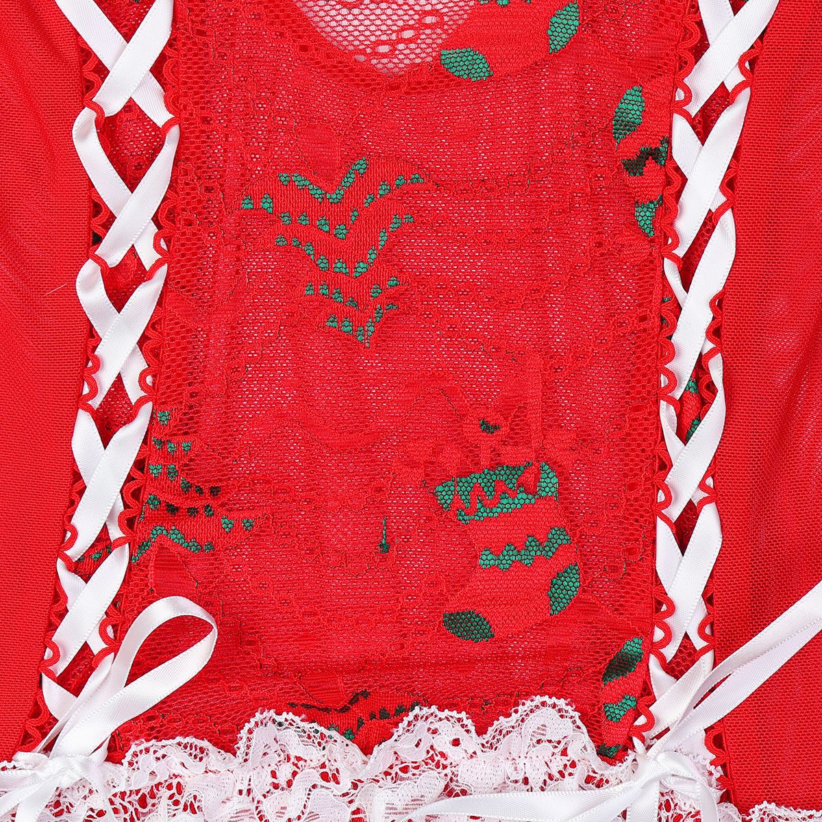 Red lace fabric panel with small green patterns and white lace trim