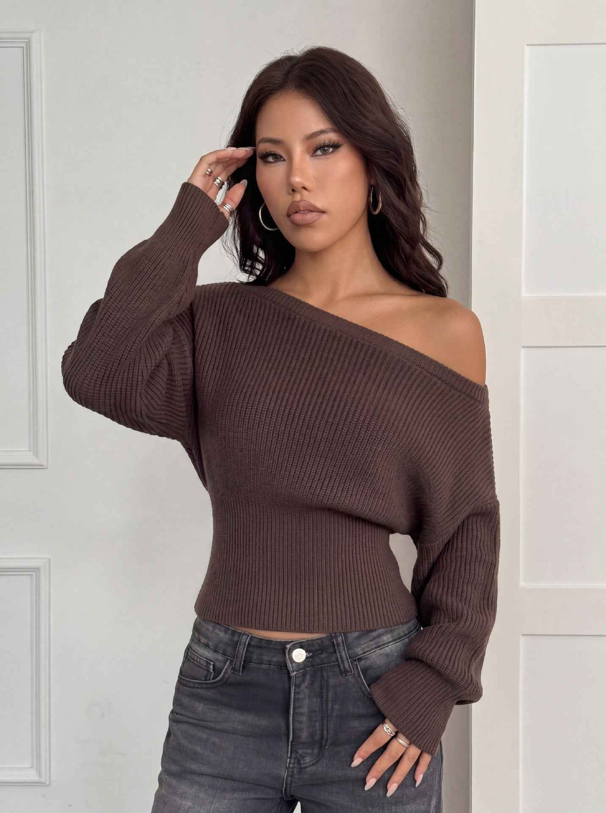 Off-Shoulder Knit Sweater - Wide Ribbed Waist Pullover