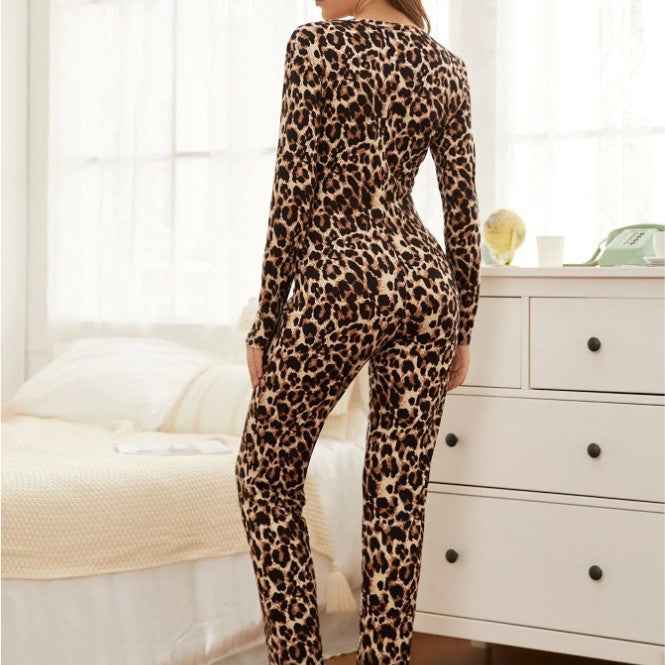 Sexy Leopard Print Long Sleeve Bodysuit Lingerie Set for Women