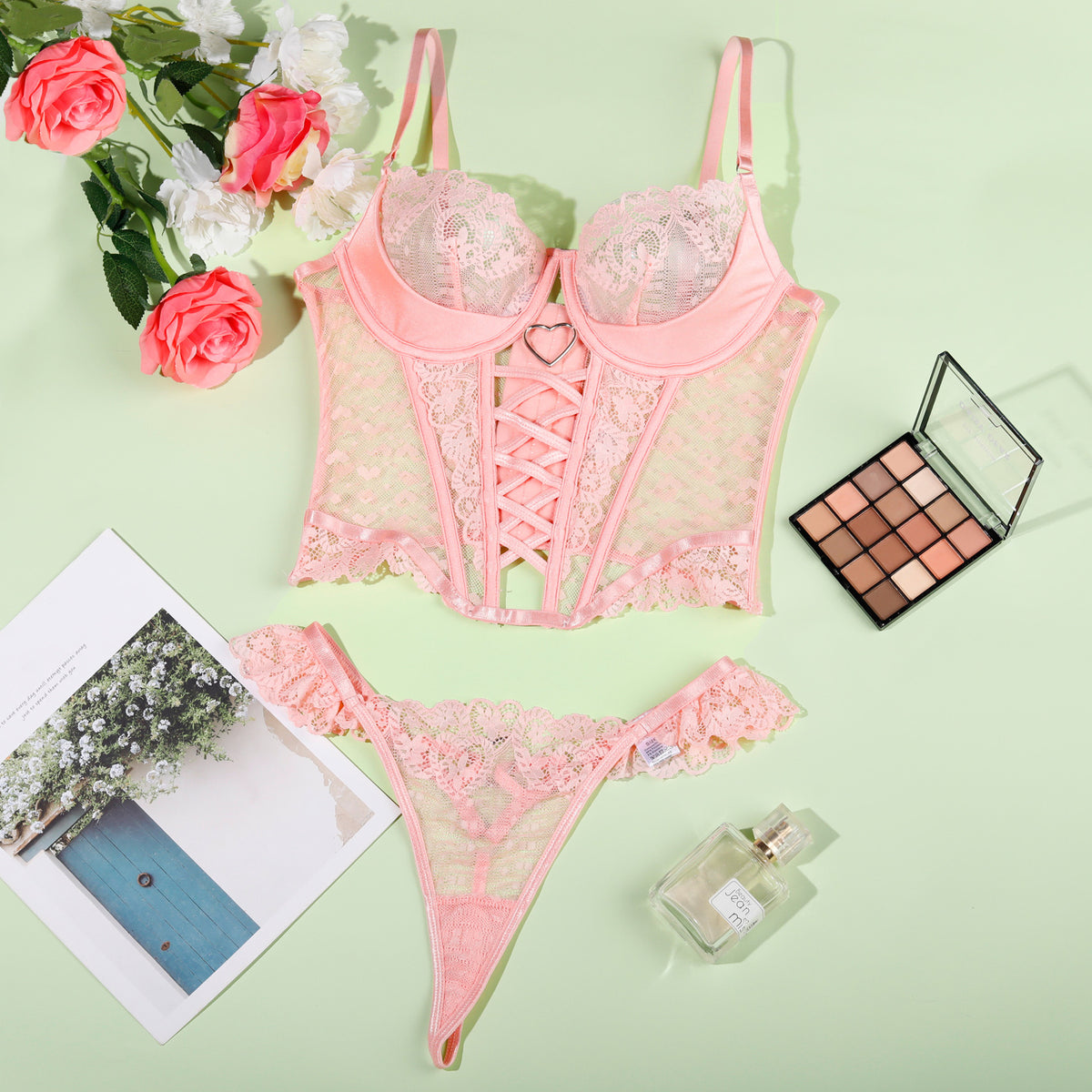 Pink Lace Lingerie Set - Heart Ring And Crisscross Front