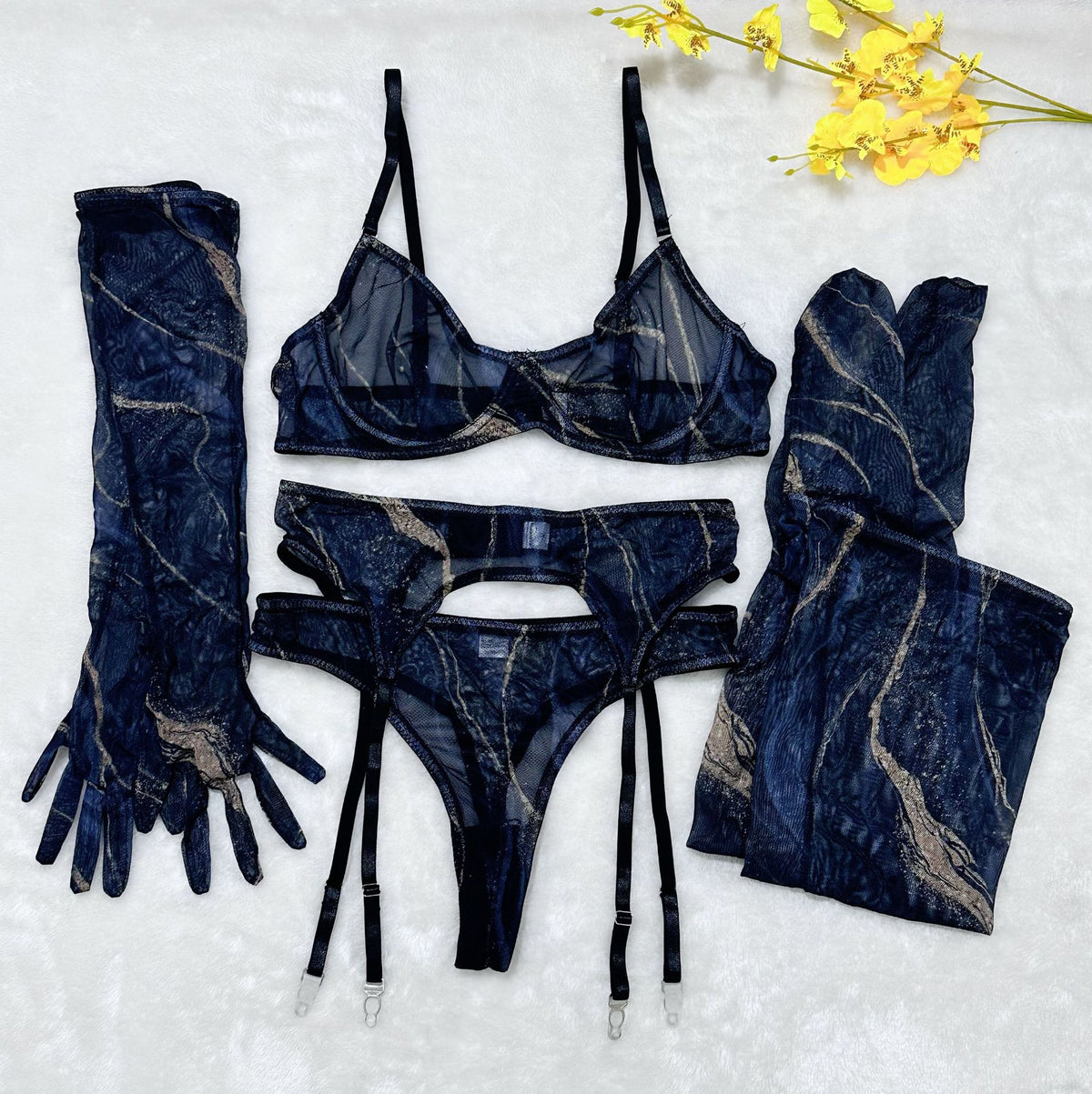 Abstract Print Mesh Five-Piece Lingerie Set - Garter and Gloves